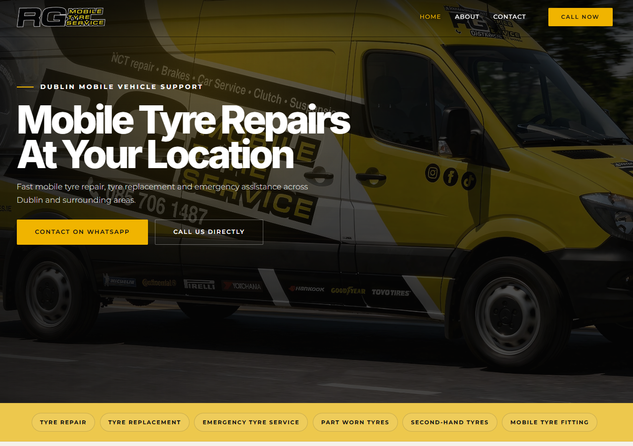 Homepage screenshot of RG Mobile Tyre Services website